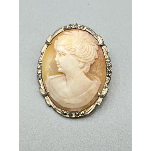 Silver 800 Genuine Carved Shell Cameo Brooch Pendant Vintage Facing Left Cameo - Picture 2 of 8